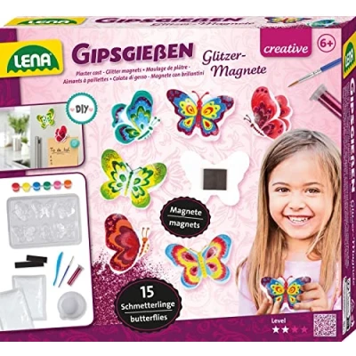 Bild av Lena 42707 gipsgjutningsset för 15 glittriga fjärilsmagneter, gjutform, gipsfigurer med 6 fjärilsformer, gips, målningsfärger, penslar, glitter och magnetiska remsor, pysselset barn från år