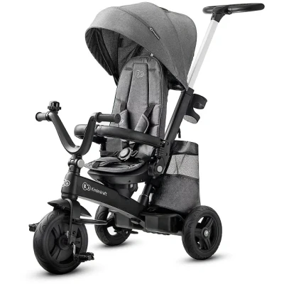 Bild av Kinderkraft Trehjuling EASYTWIST, babycykel, barnets första cykel, barnvagn, 360 vridbar sits, med sufflett, föräldrahandtag, fotstöd, tillbehör, väska, mugghållare, från 9 månader till 5 år, grå