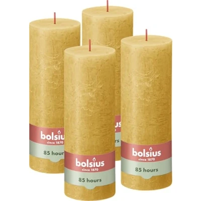 Bild av Bolsius rustikt pelarljus gul paket med 4 lång brinntid på 85 timmar hushållsljus heminredning oparfymerad naturligt veganskt vax ingen palmolja 19 x 7 cm