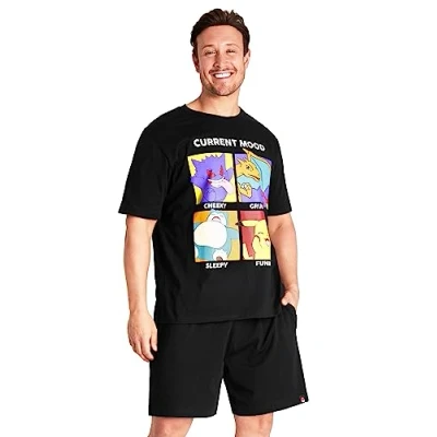 Bild av Pokemon Pyjamasset för män Sommar Nattkläder Shorts T shirt Pyjamas Tonåringar Pikachu PJs 100 procent bomull Lounge Wear Mjuka andningsbara presenter (2XL, svart)