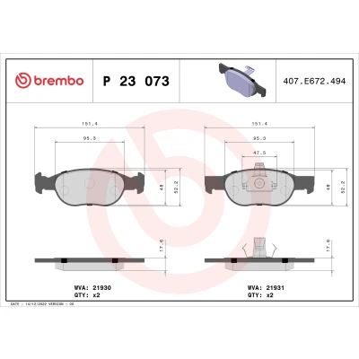 Bild av BREMBO P 23 073 Jeu de plaquettes frein contact signal d&#039;usure exclu avec clip piston sans accessoires FIAT: Punto II 3/5 portes