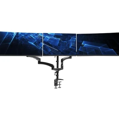 Bild av VIVO Trippelmonitor justerbar skrivbordsmontering, 2 pneumatiska armar, 1 fast, motbalansstativ, 8 kg viktkapacitet per skärm, max VESA 100 x 100, passar upp till 32 tums skärmar, svart, STAND V300G