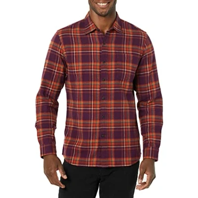 Bild av Amazon Essentials Men&#039;s Långärmad rutig flanellskjorta smal passform (färger i begränsad upplaga), Vinröd Orange Rutig, S