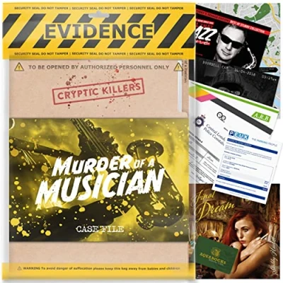 Bild av Cryptic Killers Unsolved murder mystery game Cold Case Filles Investigation Detektivledtrådar/bevis lösa brottet individer, datatätter och festgrupper Mord på en musiker